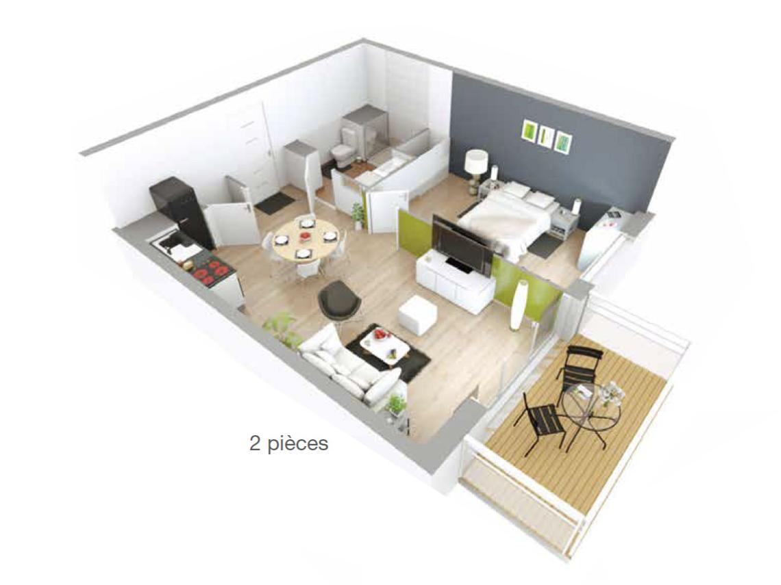 : exemple d'appartement type T2 - Illustrations non contractuelles.